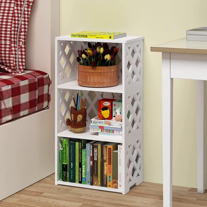 Bookcase 4 Tier, 3-Shelf Kids Bookshelf - Compact Book Organizer and Open Shelf Rack for Bedroom, Living Room, Office, Bathroom - Ideal Small Bookcase for Small Spaces - White - LeafyLoom