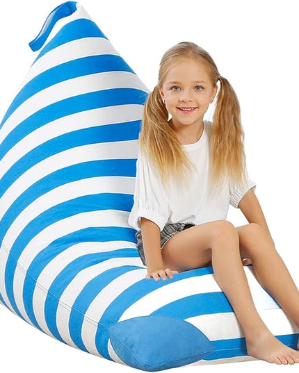 Aubliss Stuffed Animal Storage Bean Bag Chairs Cover, 50"x 35" Extra Large Bean Bags Chair for Kids & Adults, Beanbag Toy Storage for Boys Girls - Premium Cotton Canvas Blue Stripe - LeafyLoom