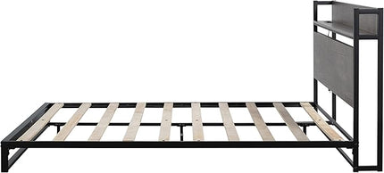 Queen Size Metal Platform Bed Frame with Wooden Headboard,Built-in Socket, Fast Assemble Design,No Box Spring Needed,Bedroom Furniture,Black - LeafyLoom