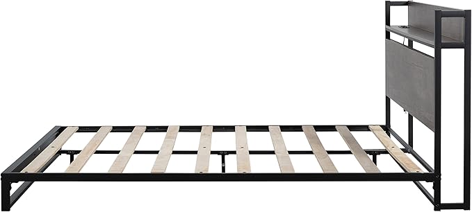 Queen Size Metal Platform Bed Frame with Wooden Headboard,Built-in Socket, Fast Assemble Design,No Box Spring Needed,Bedroom Furniture,Black - LeafyLoom