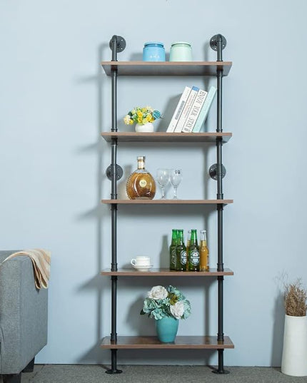 5 Tier 67inch Industrial Pipe Shelving, Shelves Shelf Rustic Tier Black in - LeafyLoom