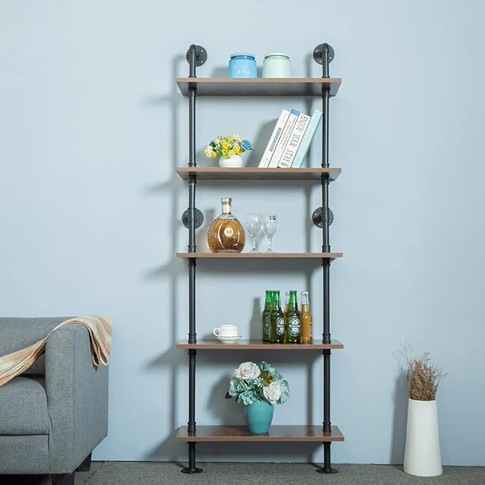 5 Tier 67inch Industrial Pipe Shelving, Shelves Shelf Rustic Tier Black in - LeafyLoom