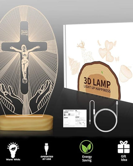 Baptism Gifts for Boys, Wood Bedside Lamp, Yellow, USB Powered, Jesus Cross Decor, LAMP - LeafyLoom