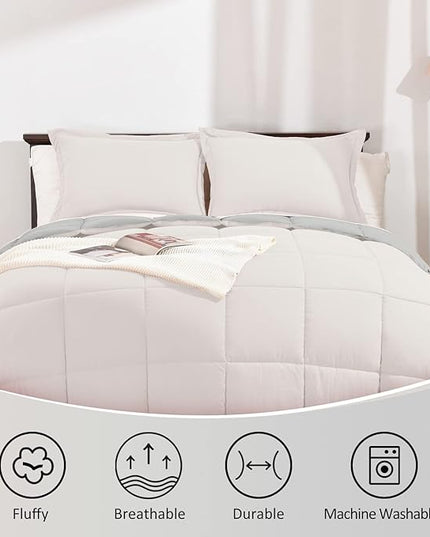 Basic Beyond King Size Comforter Set - Fluffy King Bed Comforter Set for All Seasons - Reversible White King Comforter Set - 3 Pieces (1 Comforter + 2 Pillow Shams) - White/Grey - LeafyLoom