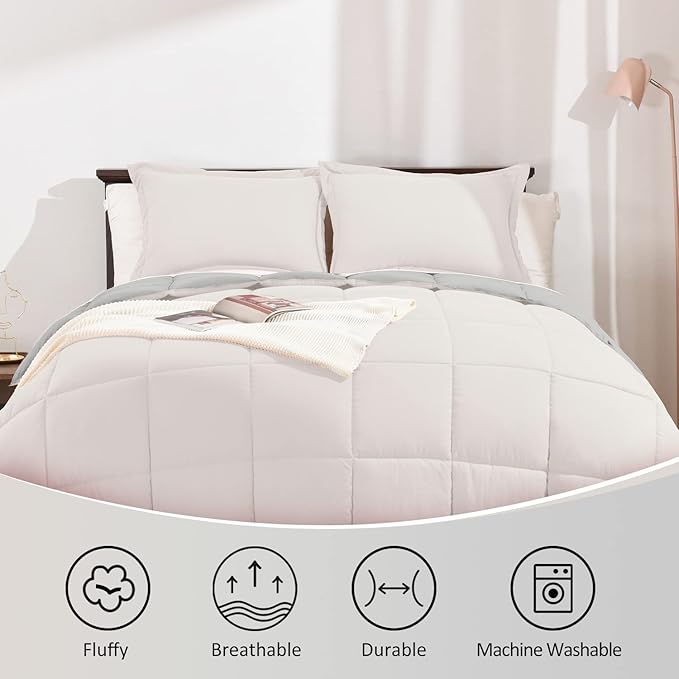 Basic Beyond King Size Comforter Set - Fluffy King Bed Comforter Set for All Seasons - Reversible White King Comforter Set - 3 Pieces (1 Comforter + 2 Pillow Shams) - White/Grey - LeafyLoom