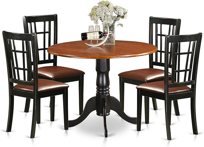 East West Furniture DLNI5-BCH-LC 5 Piece Room Furniture Set Includes a Round Kitchen Table with Dropleaf and 4 Faux Leather Upholstered Dining Chairs, 42x42 Inch - LeafyLoom