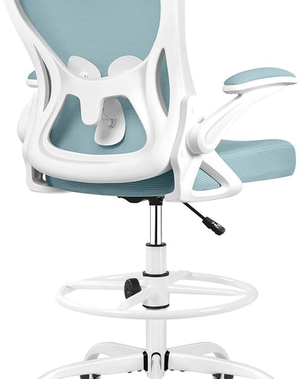 Drafting Chair, Tall Office Chair Ergonomic Standing Desk chair, Lumbar Support Computer Chair Swivel Task Rolling Chair with Adjustable Flip-up Armrests & Foot Ring (Light Blue) - LeafyLoom