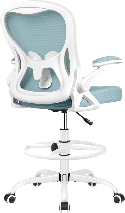 Drafting Chair, Tall Office Chair Ergonomic Standing Desk chair, Lumbar Support Computer Chair Swivel Task Rolling Chair with Adjustable Flip-up Armrests & Foot Ring (Light Blue) - LeafyLoom