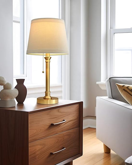 Oneach Modern Gold Brass Table Lamp Set of 2 for Bedroom Living Room 19.5'' Traditional Bedside Desk Nightstand Buffet Candlestick Samll Lamps with White Drum Shade - LeafyLoom