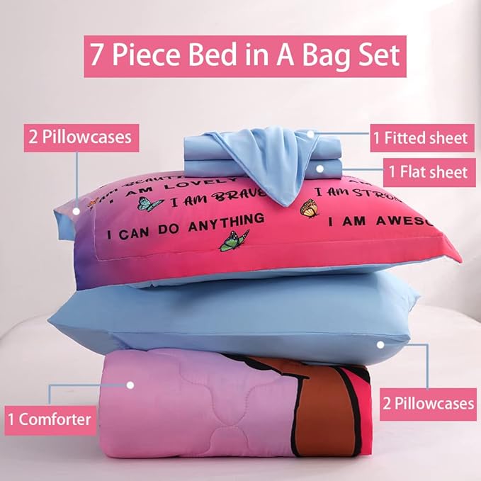 7 Piece Black Girls Magic Comforter Set Twin Size African American Girl Bedding Sets Bed in A Bag for Kids Teens Inspirational Quotes Pink Blue Quilt Room Decor - LeafyLoom