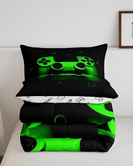 Gamer Comforter Set For Boys Twin,Gaming Bedding Comforters For Kids Teens Men Game Room Decor,Video Game Down Comforter Reversible Retro Green Gamepad Controller Quilt Duvet Sets Home Decor 2 Pcs - LeafyLoom