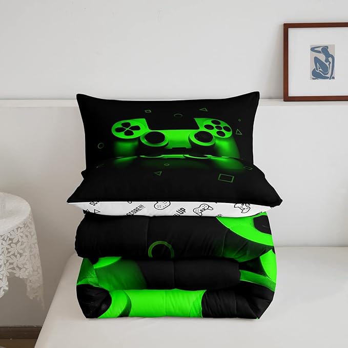 Gamer Comforter Set For Boys Twin,Gaming Bedding Comforters For Kids Teens Men Game Room Decor,Video Game Down Comforter Reversible Retro Green Gamepad Controller Quilt Duvet Sets Home Decor 2 Pcs - LeafyLoom
