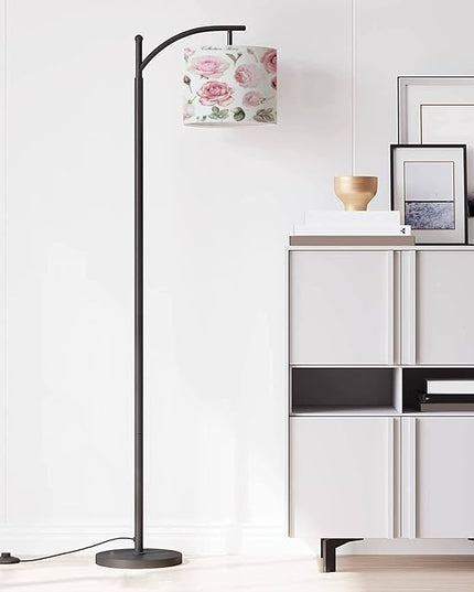 Modern Arc Floor Lamp with Dimmer Mid Century Set watercolor elements rose collection garden wild flowers leaves Metal Standing Lamp with Linen Shade Footswitch for Living Room Bedroom Office - LeafyLoom