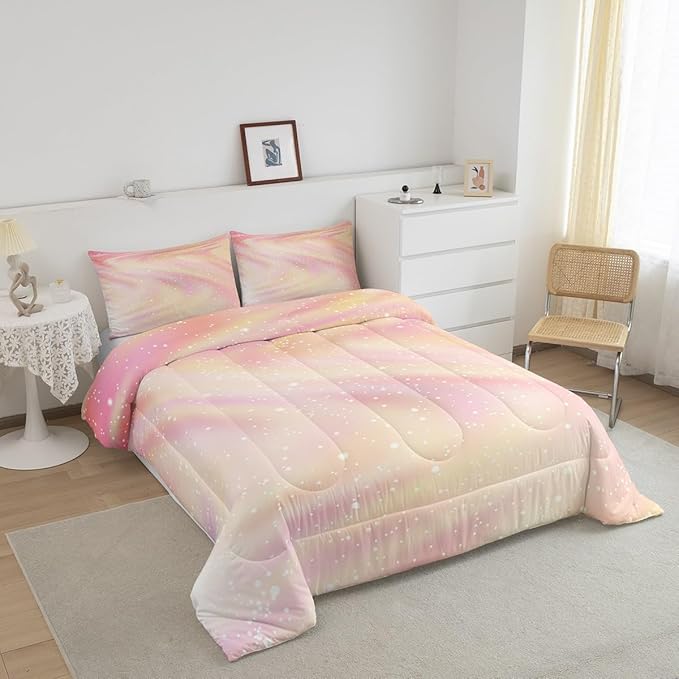 Glitter Galaxy Bedding Comforter Sets for Kids Teenagers, Pastel Galaxy Space Bedding Rainbow Tie Dye Comforter Set for Boys Girls, Starry Sky Gradient Down Comforter with 2 Pillowcases, Queen - LeafyLoom