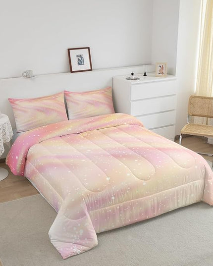 Girls Pastel Bedding for Kids Toddlers, Glitter Galaxy Space Bedding Comforter Sets Gradient Sparkle Comforter Set for Boys Girls Bedroom, Tie Dye Pastel Bedroom Decor 3 Pcs, Full ( Pink Yellow) - LeafyLoom