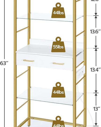 HOOBRO 5 Tier Bookcase, White and Gold Bookshelf with Drawer, Storage Shelves with Charging Station, Tempered Glass Bookshelf with Metal Frame, Open Display Shelves for Living Room, Gold DW65USJ01 - LeafyLoom