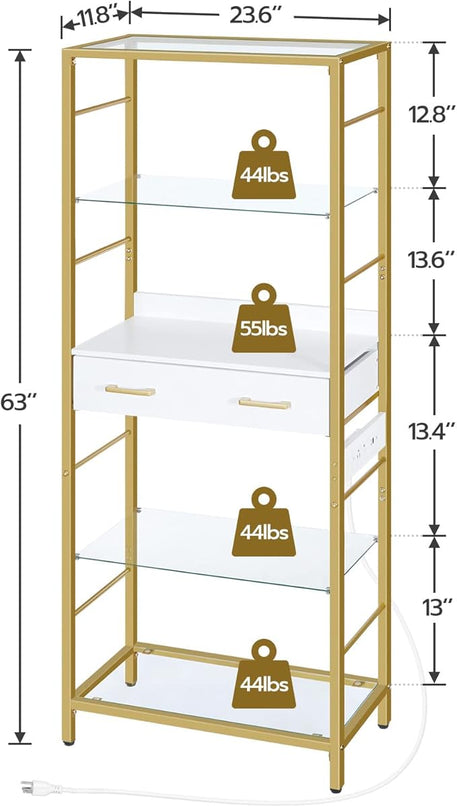 HOOBRO 5 Tier Bookcase, White and Gold Bookshelf with Drawer, Storage Shelves with Charging Station, Tempered Glass Bookshelf with Metal Frame, Open Display Shelves for Living Room, Gold DW65USJ01 - LeafyLoom