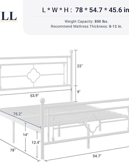 Allewie Full Size Metal Platform Bed Frame with Victorian Vintage Headboard and Footboard/Mattress Foundation/Under Bed Storage/No Box Spring Needed/Noise-Free/Easy Assembly, White - LeafyLoom