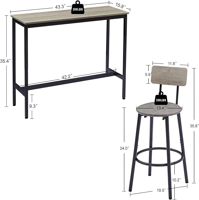 NicBex Kitchen Small Dining Table for 2 Breakfast Nook Table Set Bar Table Set with 2 Bar Stools Pu Soft Seat with Backrest for Small Space, Dining Room, Apartment, Easy Clean, Grey - LeafyLoom