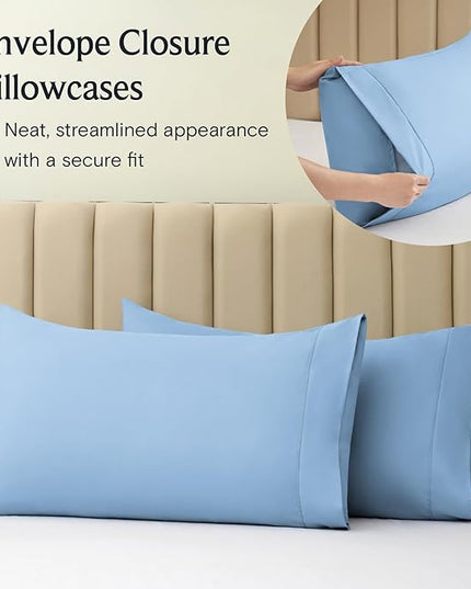 LuxClub 6 PC Queen Sheet Set, Breathable Luxury Bed Sheets, Deep Pockets 18" Eco Friendly Wrinkle Free Cooling Sheets Machine Washable Hotel Bedding Silky Soft - Sky Queen - LeafyLoom