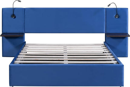 Queen Size Storage Upholstered Hydraulic Platform Shelves, Modern Velvet Fabric Bed Frame W/ 2 Lights and USB Port,No Box Spring Required,for Bedroom, Apartment,Blue - LeafyLoom
