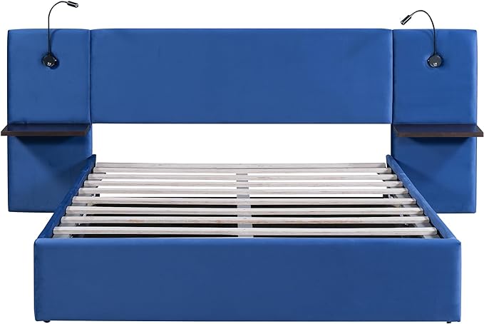 Queen Size Storage Upholstered Hydraulic Platform Shelves, Modern Velvet Fabric Bed Frame W/ 2 Lights and USB Port,No Box Spring Required,for Bedroom, Apartment,Blue - LeafyLoom