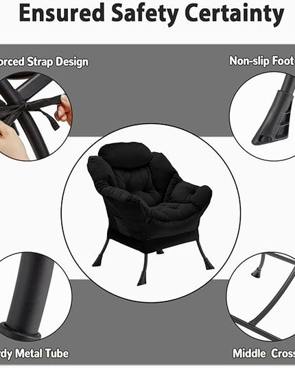 Lazy Chair Thick Padded, Accent Chair Velvet Upholstered with Wide Seat, Stable Metal Frame and Non-Slip Pad, Modern Sofa Armchair with Side Storage Bag for Dorm, Room, Office, Black - LeafyLoom