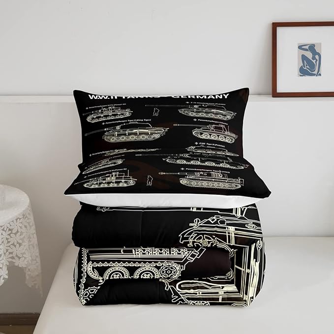 Tank Comforter Set Full, War Theme Bedding Set, Soldier Dirt Bike Camouflage Army Acting Down Comforter For Kid Boy Teen Men,Camo Vintage Style Quilt Set, Military Vehicle Duvet Set Room Decor - LeafyLoom