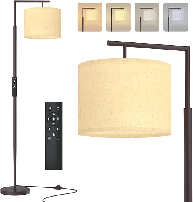 PESRAE Floor Lamp for Living Room, LED Floor Lamp with Remote Control, 4 Color Temperature LED Bulb Included, Modern Standing lamp with Linen Lampshade for Bedroom,Brown - LeafyLoom