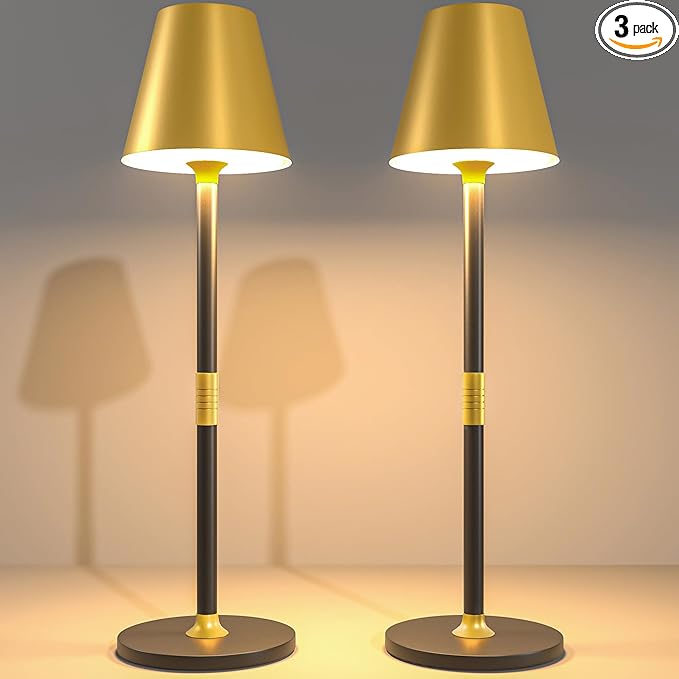 Modern LED CordlessTable Lamp,4000mAh Rechargeable Battery Desk lamp,3 Level Brightness Kitchen Light, Portable,Minimalist Design, for Couple Dinner/Coffee Table/Restaurant/Bedroom(Gold&Black 2pack) - LeafyLoom