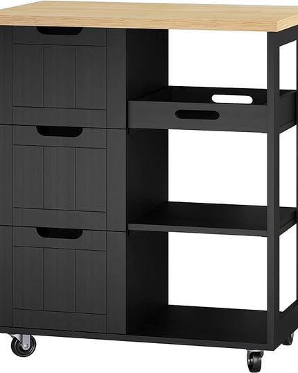 Shintenchi Kitchen Island Cart with Storage,Rolling Kitchen Island Storage Cabinet,Side Table on Wheels with Worktop,3 Open Shelves and 3 Drawers for Kitchen,Dinning Room, Black - LeafyLoom