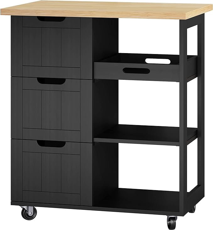 Shintenchi Kitchen Island Cart with Storage,Rolling Kitchen Island Storage Cabinet,Side Table on Wheels with Worktop,3 Open Shelves and 3 Drawers for Kitchen,Dinning Room, Black - LeafyLoom