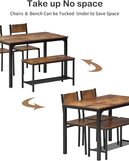 SogesHome 4 Piece Kitchen Dining Room Table Sets for 4, Modern Wooden Table with 2 Chairs and a Long Bench, Space-Saving Table Set for Restaurant, Coffee Shop, Vintage Brown - LeafyLoom