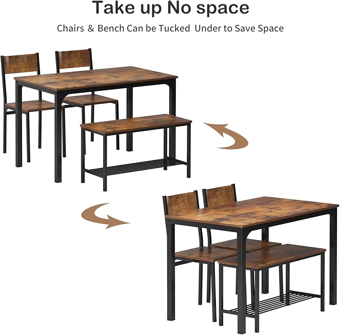 SogesHome 4 Piece Kitchen Dining Room Table Sets for 4, Modern Wooden Table with 2 Chairs and a Long Bench, Space-Saving Table Set for Restaurant, Coffee Shop, Vintage Brown - LeafyLoom