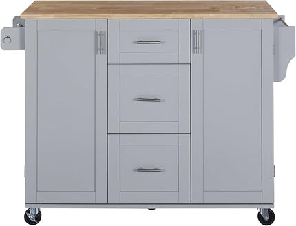 50Inch Rolling Kitchen Island Cart with Internal Cabinet, 3 Drawers and Storage Shelf, Kitchen-Island Table on Wheels w/Rubber Wood Top, Spice Rack, for Dining Room House Bar - LeafyLoom