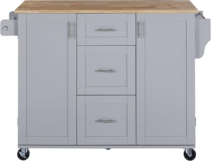 50Inch Rolling Kitchen Island Cart with Internal Cabinet, 3 Drawers and Storage Shelf, Kitchen-Island Table on Wheels w/Rubber Wood Top, Spice Rack, for Dining Room House Bar - LeafyLoom