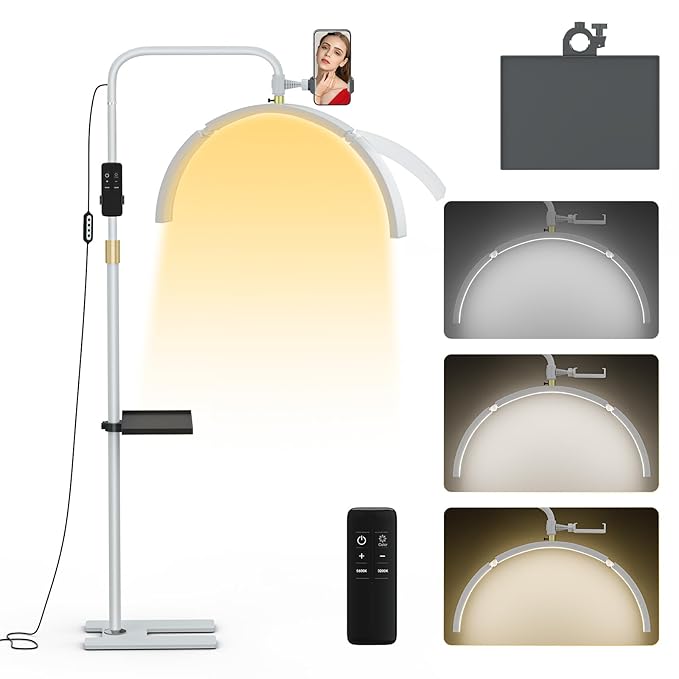MYSWEETY Eyelash LED Floor Lamp, 29'' Foldable Half Moon Light for Lash Extension,Lash Lamp, Esthetician Light with Phone Holder & Stand Tray, Lash Light for Eyelash Tech, Tattoo, Salon, Nails - LeafyLoom