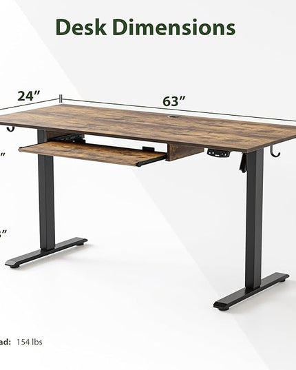 Height Adjustable Desk with Keyboard Tray, 63 x 24 Inches Electric Standing Desk, Stand up Computer Table with Memory Preset, Modern Lift Motorized Gaming Workstation, Rustic Brown - LeafyLoom