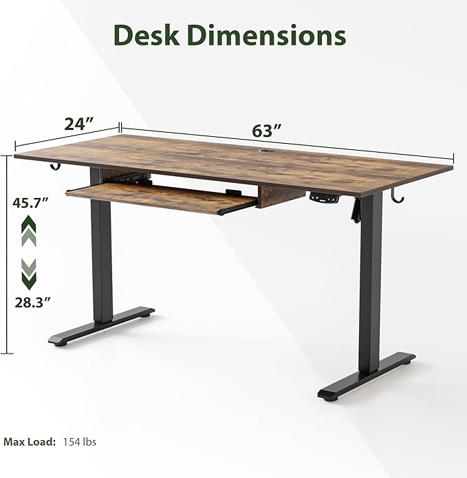 Height Adjustable Desk with Keyboard Tray, 63 x 24 Inches Electric Standing Desk, Stand up Computer Table with Memory Preset, Modern Lift Motorized Gaming Workstation, Rustic Brown - LeafyLoom