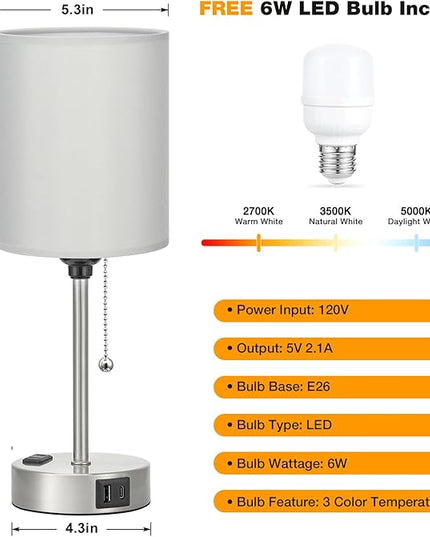 Dicoool Grey Bedroom Lamp for Nightstand - 3 Color Temperature Table Lamp with USB C and A Ports, Pull Chain Bedside Lamp with AC Outlet, Desk Lamp with Silver Metal Base for Kids Girls - LeafyLoom