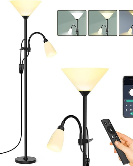 Floor Lamp, 3 Color Temperature&Dimmable Standing lamp, 12W LED Torchiere Floor Lamp with Adjustable Reading Lamp, 3 Way Switch, Modern Tall Lamps for Living Room, Bedroom, Office (65 inches) - LeafyLoom