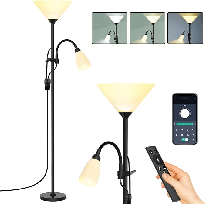 Floor Lamp, 3 Color Temperature&Dimmable Standing lamp, 12W LED Torchiere Floor Lamp with Adjustable Reading Lamp, 3 Way Switch, Modern Tall Lamps for Living Room, Bedroom, Office (65 inches) - LeafyLoom