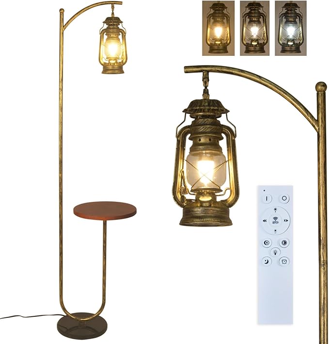 Hsyile Floor Lamp for Living Room Bedroom with Table and Shelves Retro Horse Lantern Floor Lamp with Remote Dimmable Farmhouse Standing Lamp (Bronze) - LeafyLoom