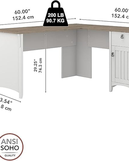 Bush Furniture Salinas L-Shaped Desk with Storage | Study Table with Drawers & Cabinets | Home Office Computer Desk in Pure White and Shiplap Gray - LeafyLoom
