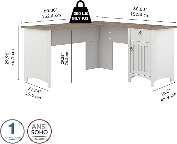 Bush Furniture Salinas L-Shaped Desk with Storage | Study Table with Drawers & Cabinets | Home Office Computer Desk in Pure White and Shiplap Gray - LeafyLoom