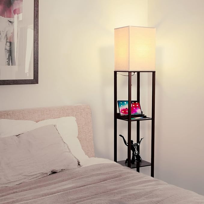 Brightech Maxwell Charger - Modern Shelf Floor Lamp with USB Charging Ports & Electric Outlet - Corner Display Floor Lamps with Shelves for Living Room, Bedroom and Office - Havana Brown - LeafyLoom