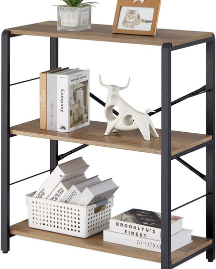 FOLUBAN Small Bookshelf, 3 Tier Open Book Shelf, Rustic Wood and Metal Shelving Unit for Small Space, Oak - LeafyLoom