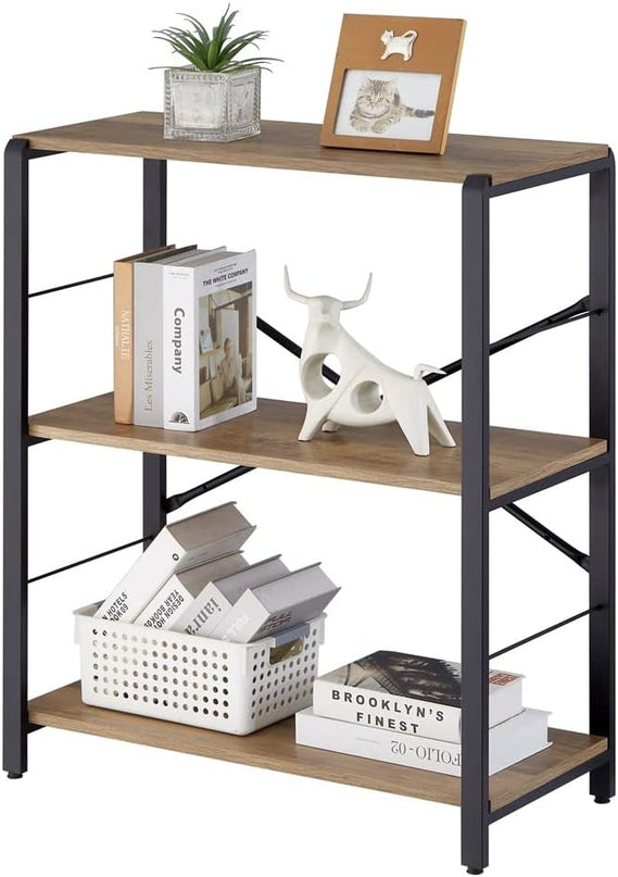 FOLUBAN Small Bookshelf, 3 Tier Open Book Shelf, Rustic Wood and Metal Shelving Unit for Small Space, Oak - LeafyLoom