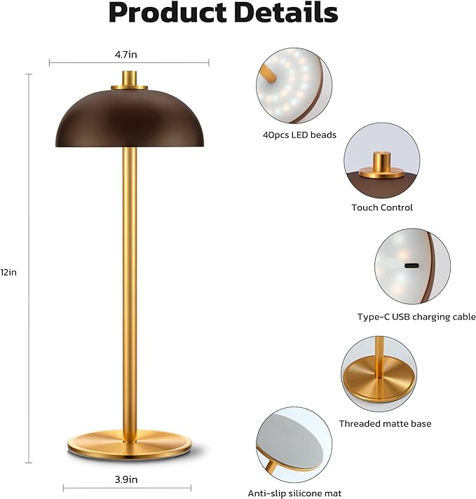 2 Pack LED Cordless Table Lamp Rechargeable,5000mAh Battery Operated Table Lamp, 3 Color Stepless Dimming Metal Table Light with Memory Function for Outdoor, Dinner, Patio, Home.(Brown) - LeafyLoom