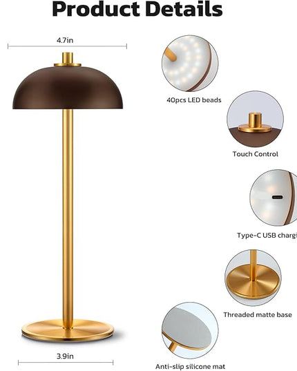 Rechargeable Cordless Table Lamp - 5000mAh Battery Powered Lamp, 3 Color Modes Stepless Dimming LED Table Light with Memory Function for Indoor, Outdoor, Dinner, Patio, Cafe.(Brown) - LeafyLoom